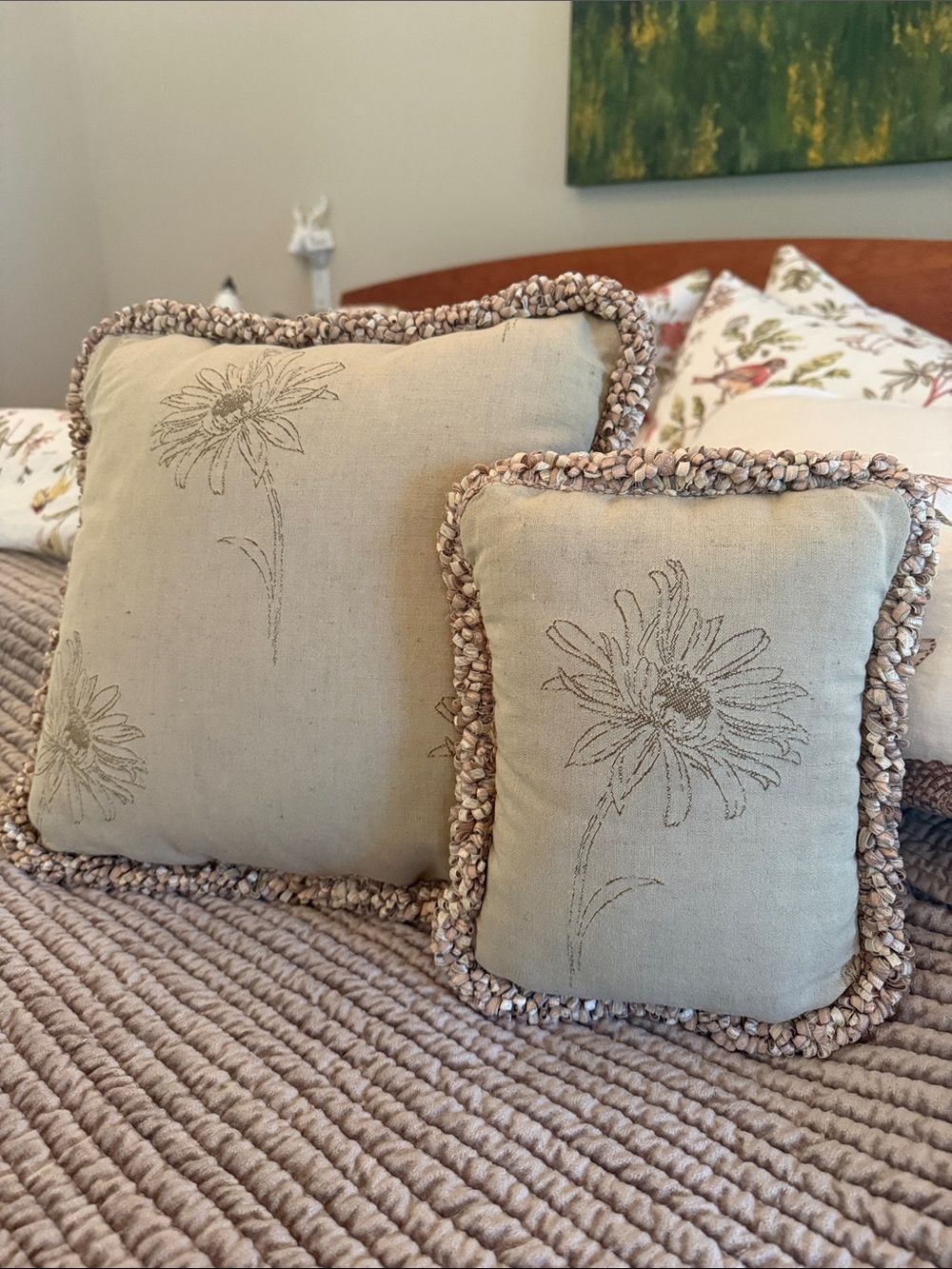 Custom Made Olive/Beige Floral Accent Pillows with Textured Loop Trim